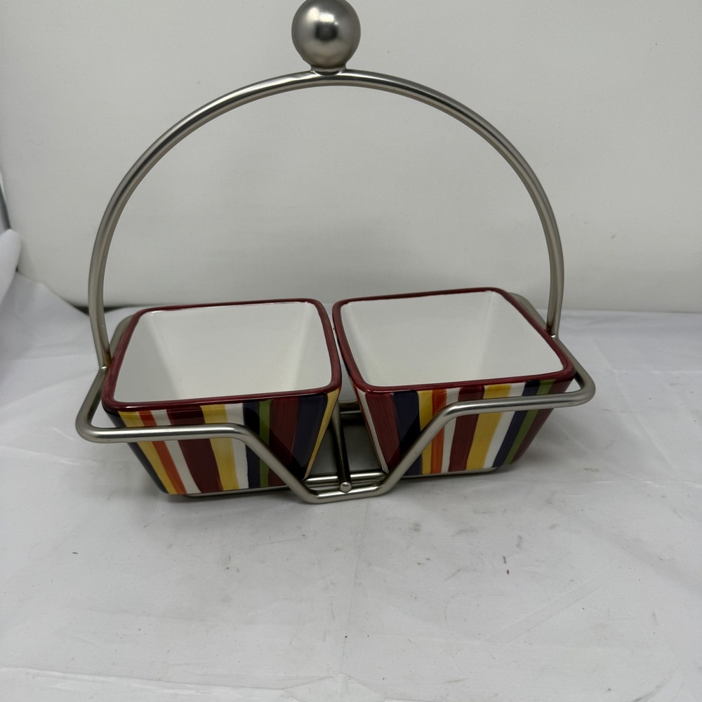 Pampered Chef Simple Additions Striped Ceramic Dipping Bowls with Metal Caddy